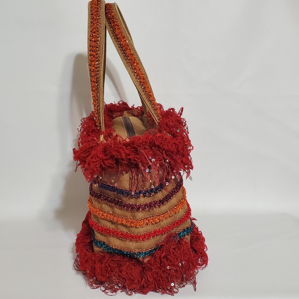 Chic Red and Orange Fringed Sequin Boa Tote Bag - Picture 4 of 8